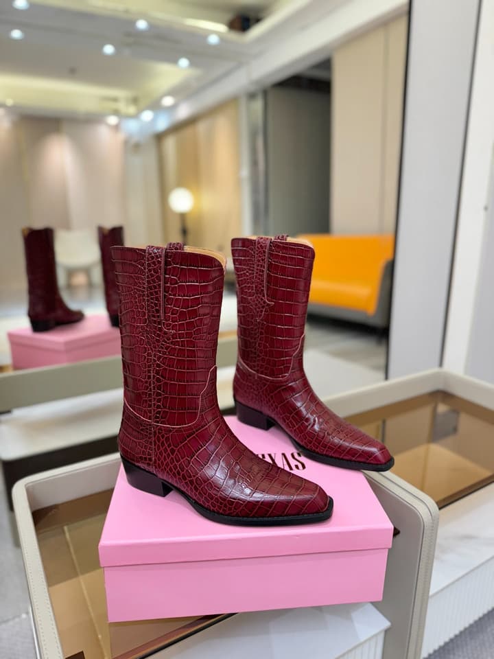Paris Texas Crocodile Embossed Western Ankle Boots in Chocolate Croc