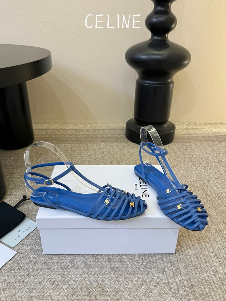 Celine Triomphe Ankle Strap Sandals – Spring/Summer Collection in Black - Large Logo Flats