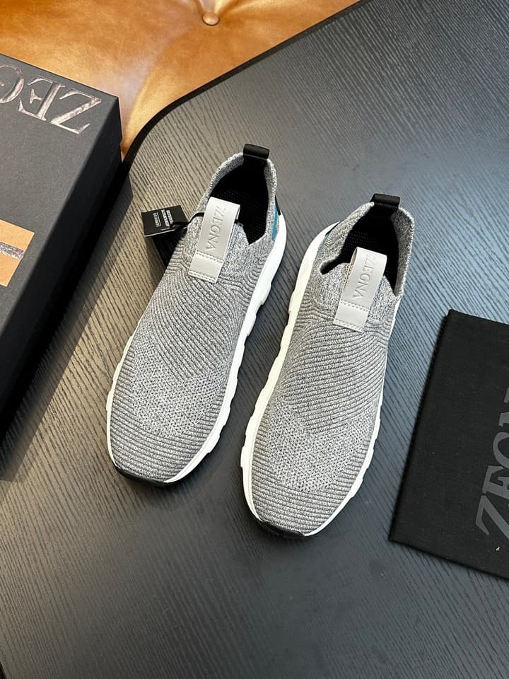Zegna Techmerino Slip-On Sneakers in Dark Navy With Green Accent