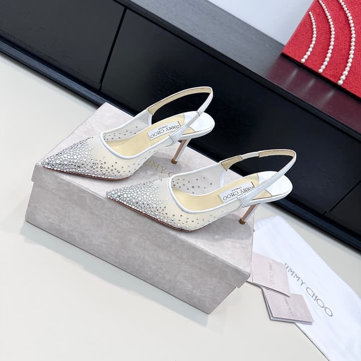 Jimmy Choo Mesh Rhinestone Slingback Heels – Spring/Summer Collection in Pure White