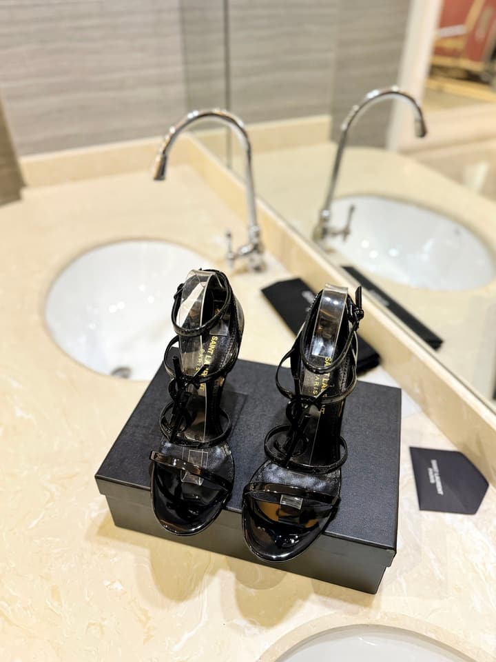 Saint Laurent YSL Logo Lacquer Heeled Sandals in Black Matte With Black Logo