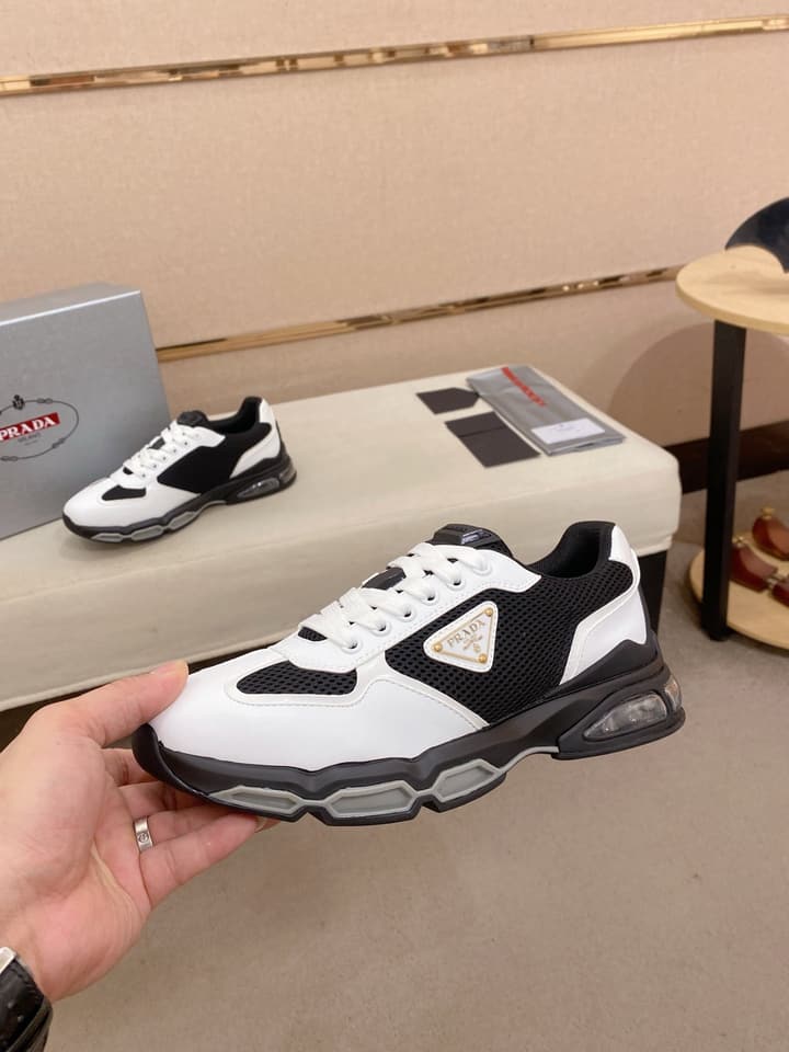Prada Men's Leather Mesh Sneakers – New Collection in Light Grey With White Logo