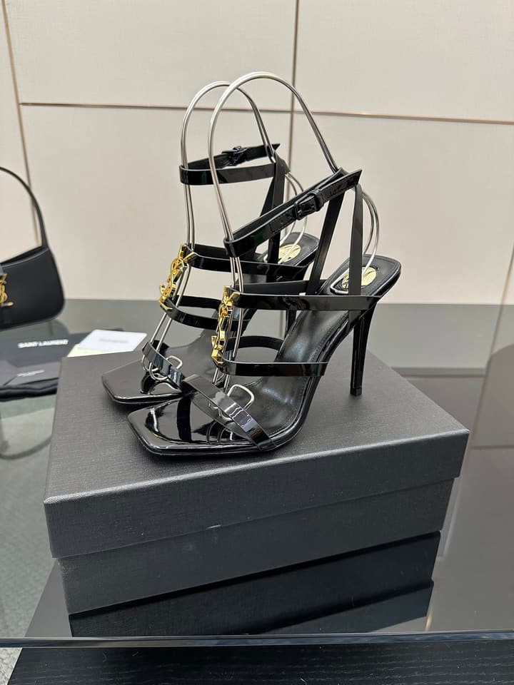 Saint Laurent Patent Leather Heeled Sandals in Bright Amber