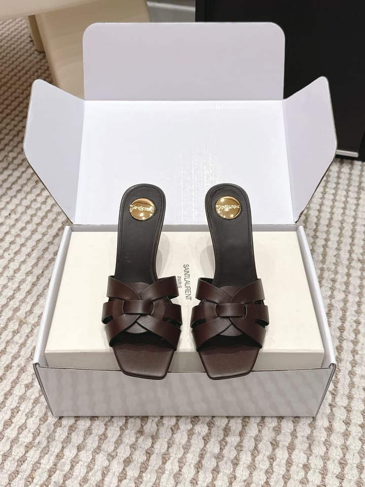 Saint Laurent Melody Square-Toe Heeled Sandals – 2026 Spring/Summer Collection in Beige Patent