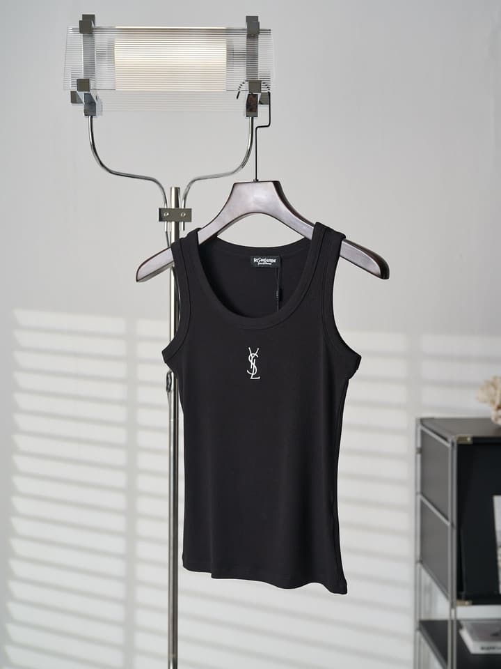 Saint Laurent YSL Embroidered Stretch Tank Top in Black