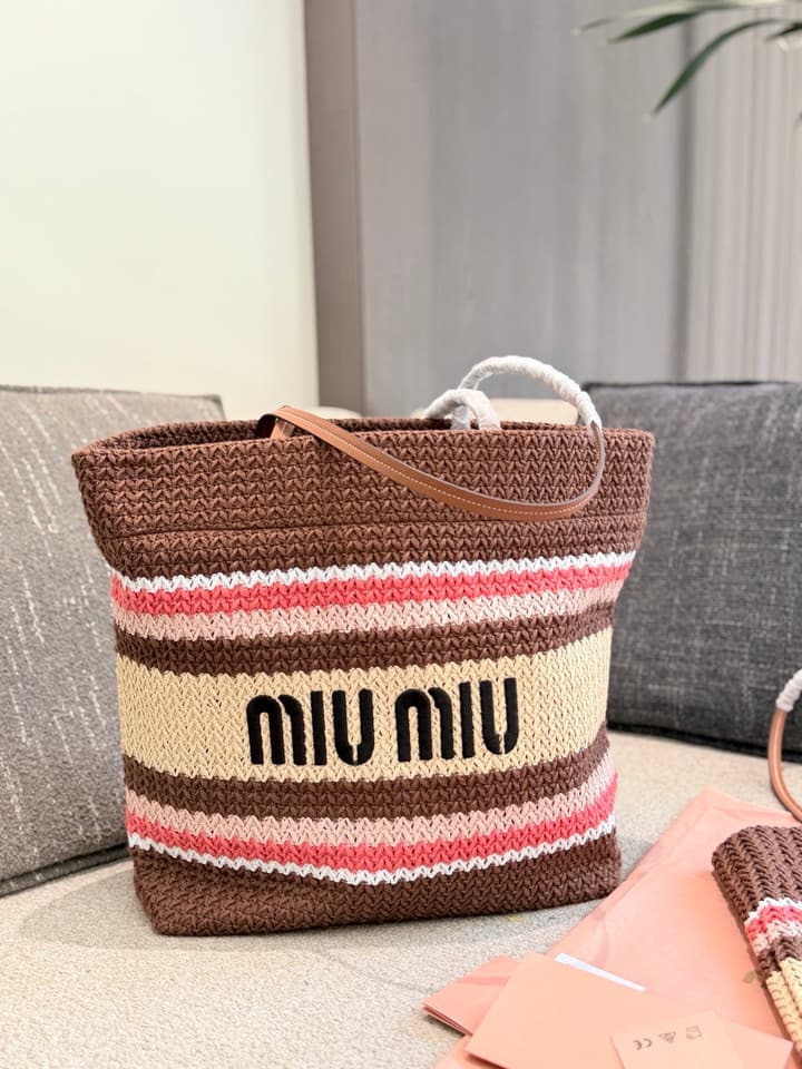 Miu Miu Knit Woven Large Tote Bag in Burgundy Multi-Color Striped
