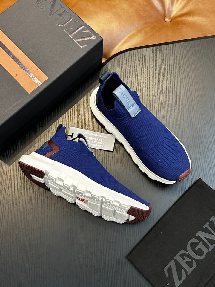 Zegna Techmerino Slip-On Sneakers in Dark Navy With Green Accent