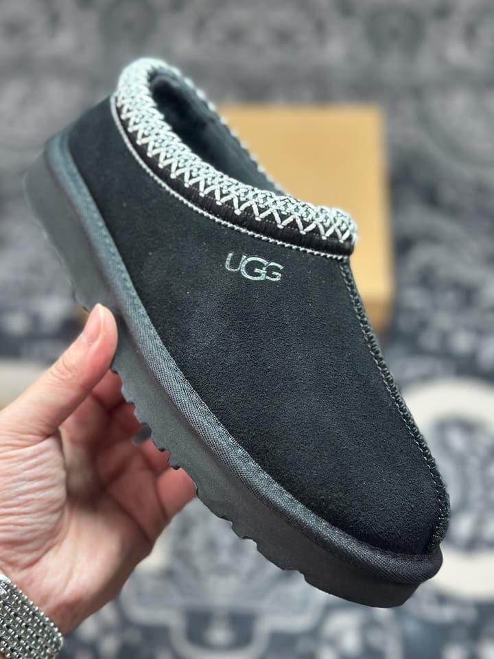 UGG Tazz Thin Sole Sheepskin Snow Boots in Black With White Patterned Trim