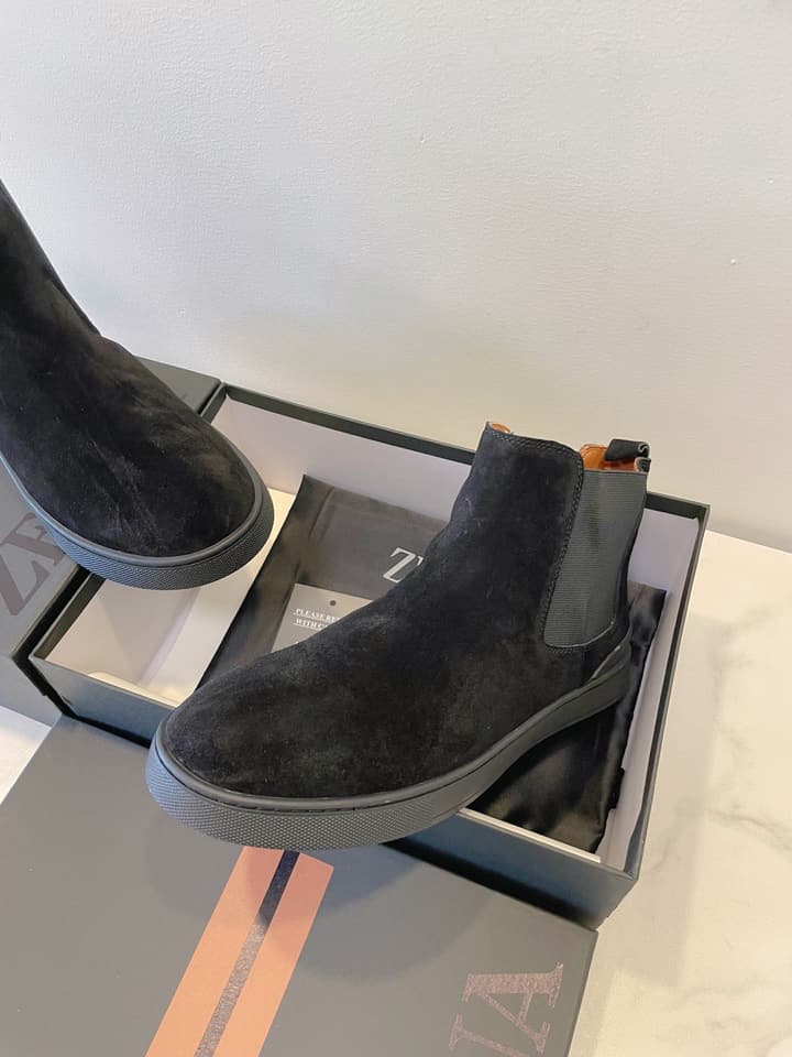 Zegna COUTURE Triple Stitch Leather Sneakers in Black Suede With Dark Sole