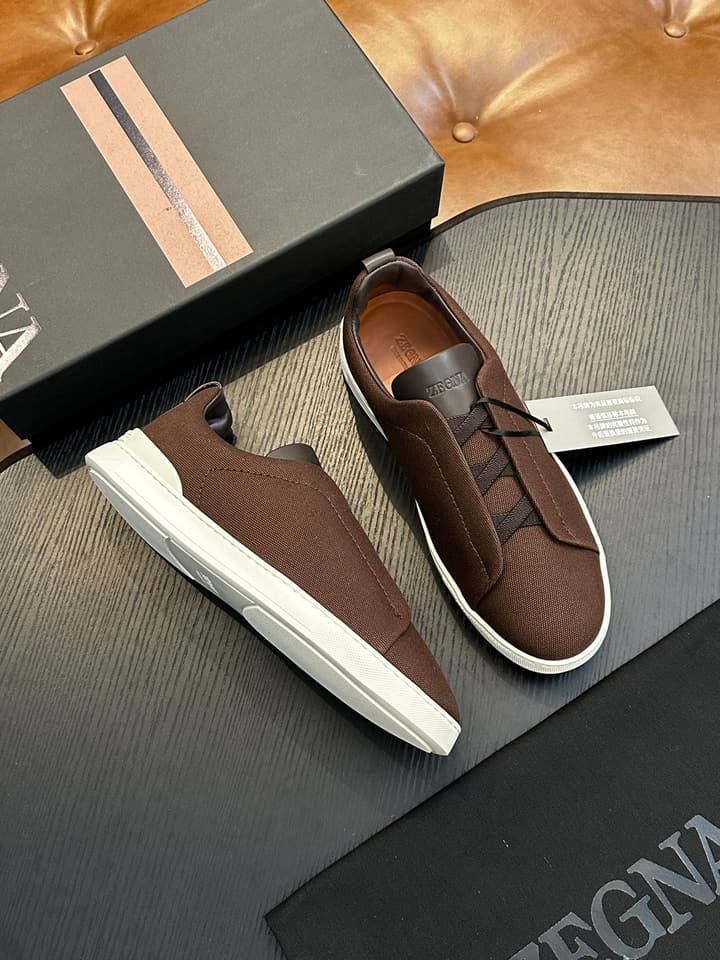 Zegna Triple Stitch Low-Top Sneakers in Dark Brown
