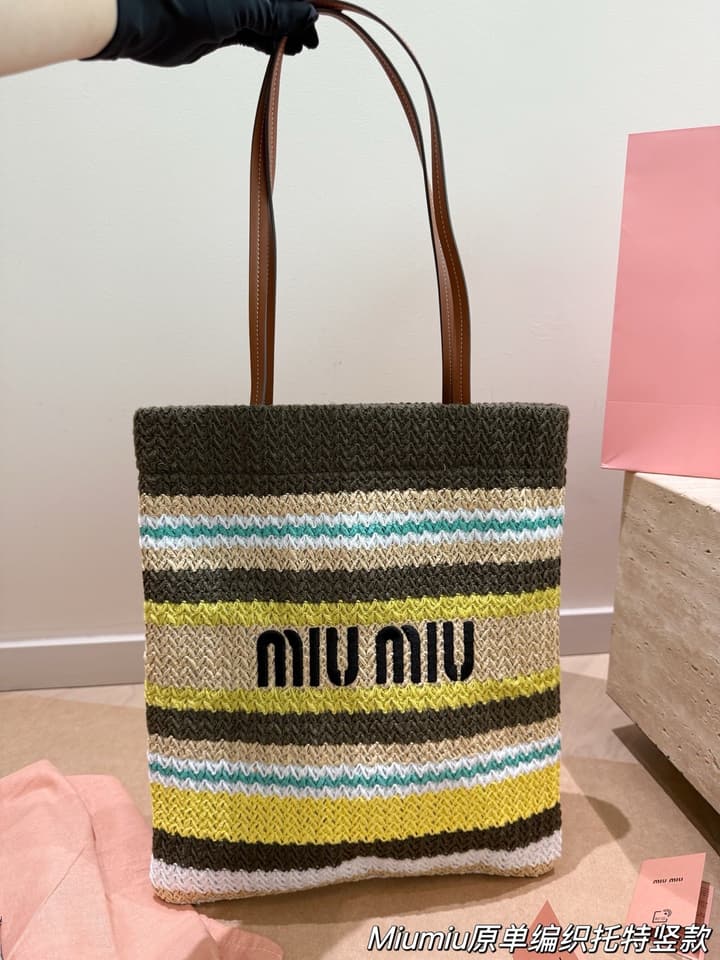Miu Miu Striped Canvas Tote Bag Collection in Orange And Green Striped Horizontal Tote