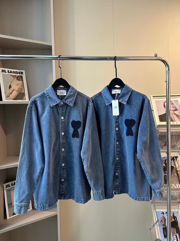 AMI Paris Heart Embroidery Distressed Denim Jacket in Distressed Blue Denim