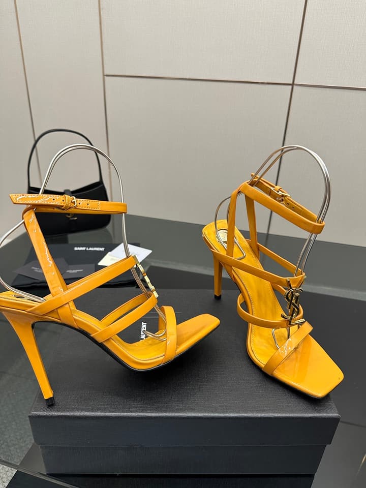 Saint Laurent Patent Leather Heeled Sandals in Bright Amber