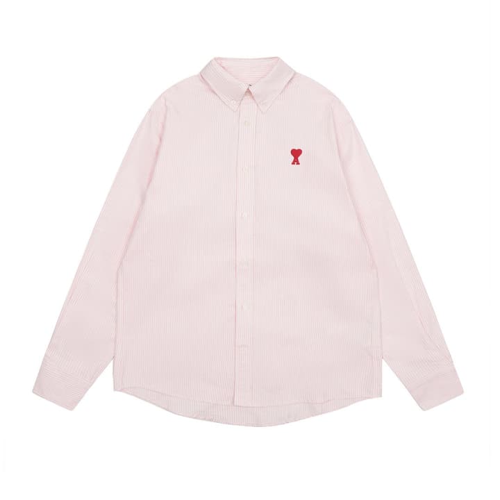AMI Paris Small Heart Embroidered Striped Long Sleeve Shirt in Blue Stripe
