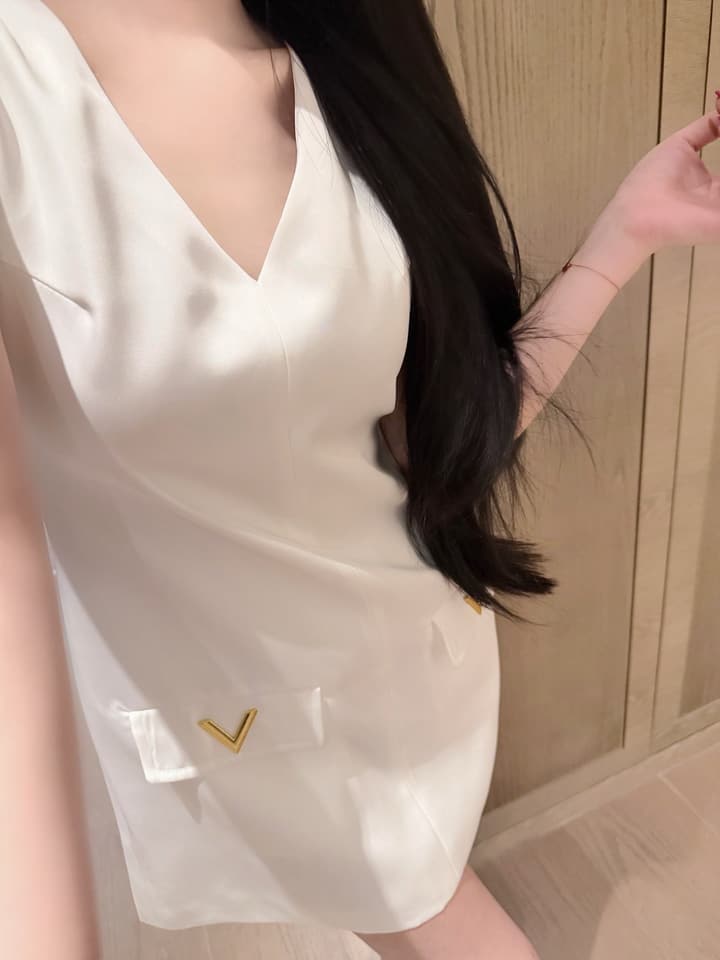 Valentino V-Neck Satin Dress with V Logo Detail in Black