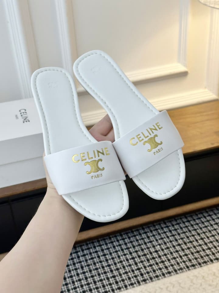 Celine Minimalist Triomphe Flat Sandals – Summer Collection in White