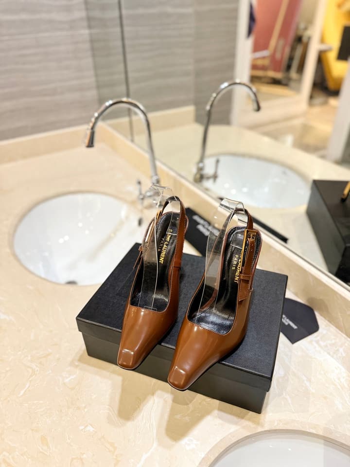 Saint Laurent Square Toe Patent Leather Pumps in Caramel Gloss