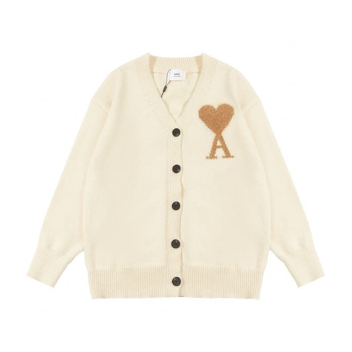 AMI Paris Holiday Limited Gold Heart Jacquard Cardigan – 24FW in Cream Gold Heart Cardigan