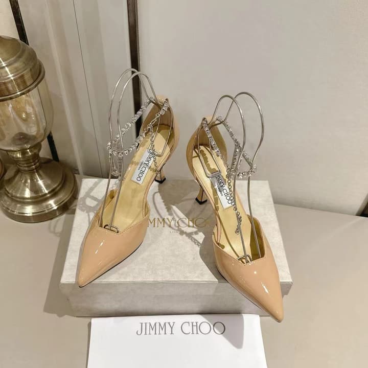Jimmy Choo Rhinestone Cross-Strap Kitten Heels – 2025 Spring/Summer Collection in Nude Patent Leather