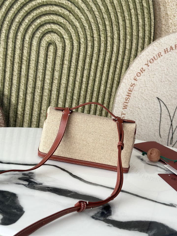 Loro Piana L19 Canvas Crossbody Bag – Spring/Summer Resort Collection in Beige Canvas With Burgundy Trim