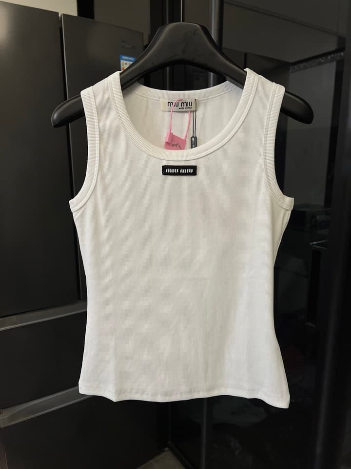 Miu Miu Ribbed Cotton Logo Tank Top – 25SS in Grey