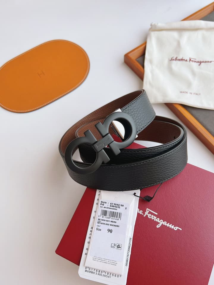 Ferragamo Men's Reversible Leather Belt in Black/brown Reversible With Gold Buckle