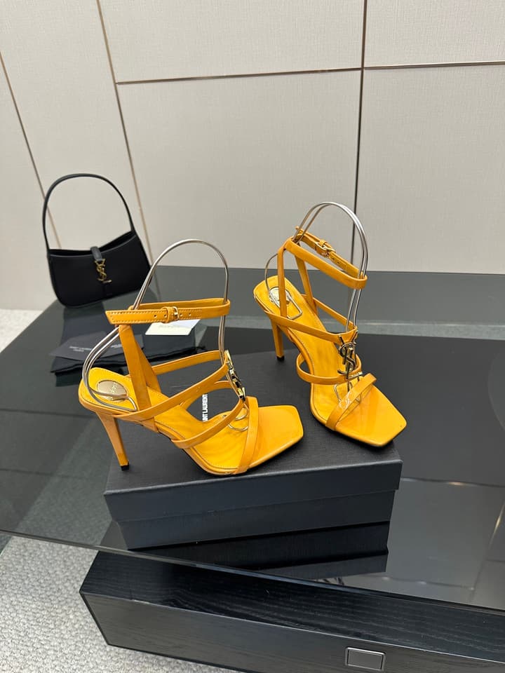 Saint Laurent Patent Leather Heeled Sandals in Bright Amber
