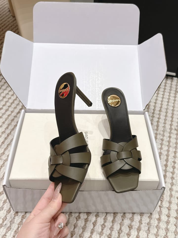Saint Laurent Melody Square-Toe Heeled Sandals – 2026 Spring/Summer Collection in Beige Patent