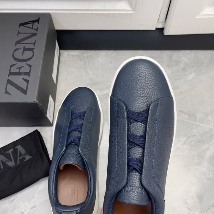 Zegna Triple Stitch Low-Top Sneakers in Navy Blue