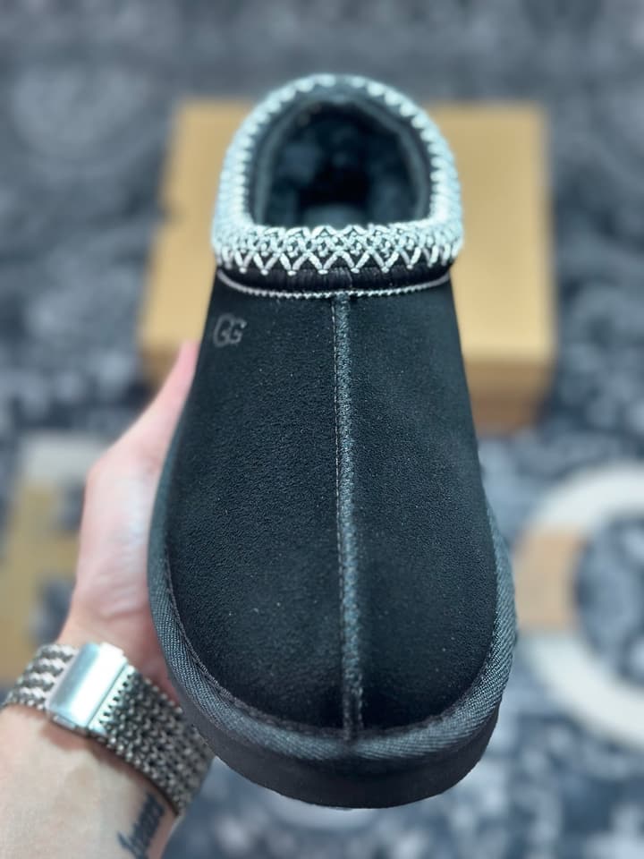 UGG Tazz Thin Sole Sheepskin Snow Boots in Black With White Patterned Trim