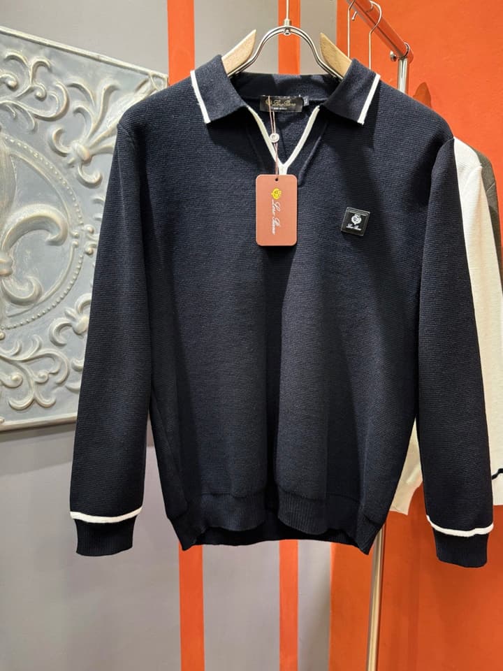 Loro Piana 2025 Knit Sweater with Chest Logo – Autumn/Winter Collection in White With Black Tipping