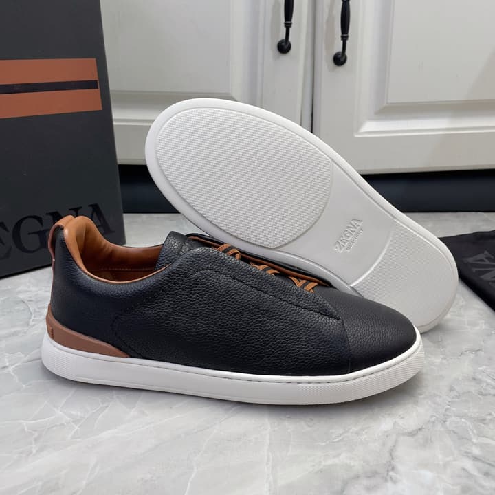 Zegna Triple Stitch Low-Top Sneakers in Navy Blue
