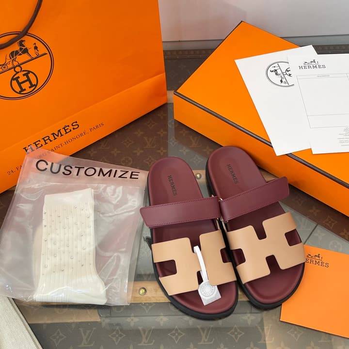 Hermès Chypre Suede Sandals in Burgundy And Beige