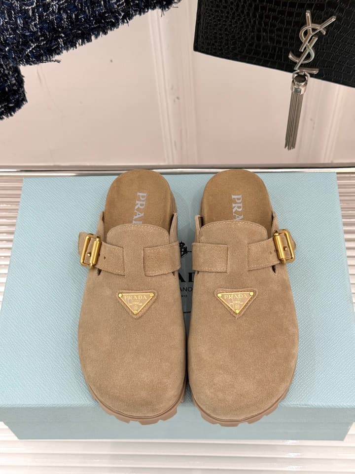Prada Triangle Logo Birkenstock Slippers – Spring/Summer Collection in Black Suede