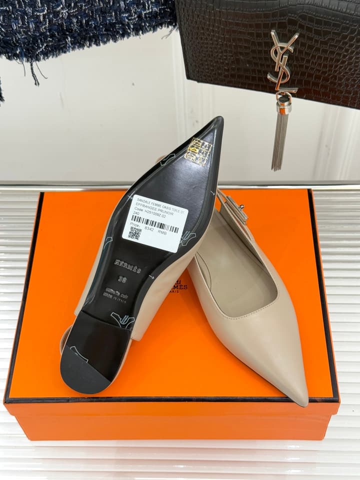 Hermès Kelly Buckle Pointed Toe Flat Sandals in Cream Beige