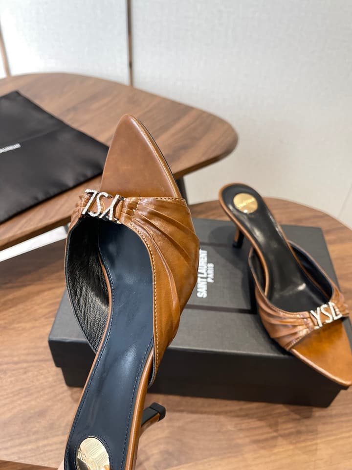 Saint Laurent Pointed Toe Stiletto Heeled Sandals – 26SS in Black - Gold Logo Plaque