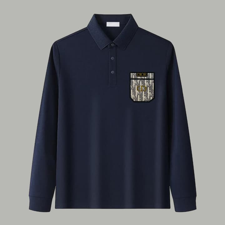 Dior Silk Long Sleeve Polo Shirt with Metal Patch in White With Solid Pocket