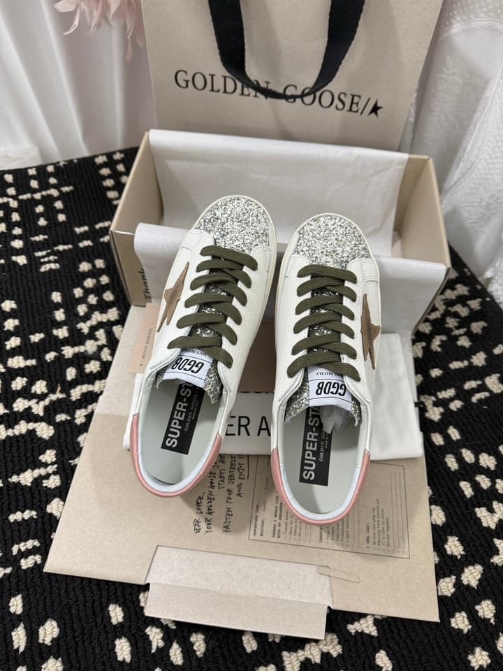 Golden Goose Super Star Rhinestone Leather Sneakers in Grey Suede Black Leather White Star