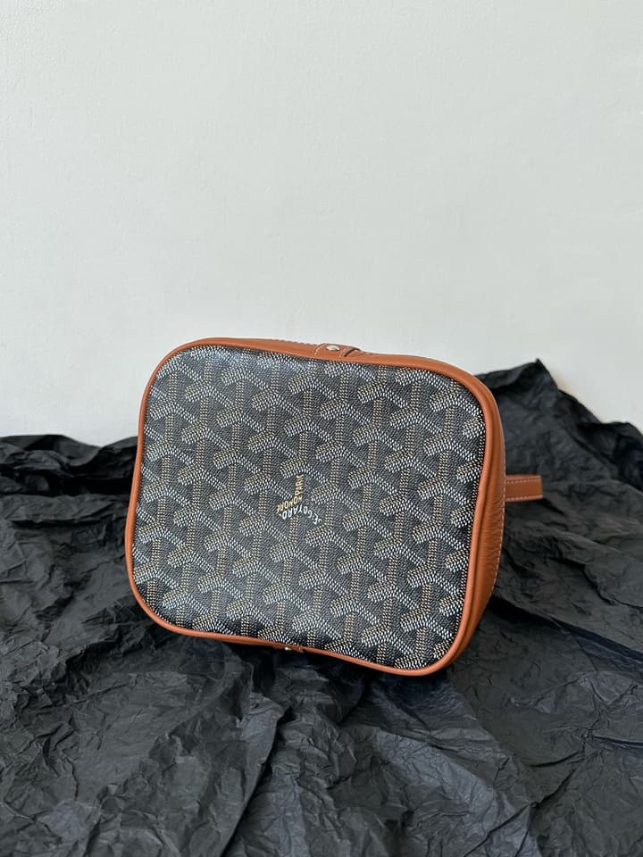 Goyard Petit Flot Bucket Bag in Black/grey Goyardine With Tan Trim