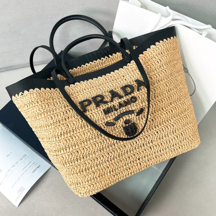 Prada Large Raffia and Leather Tote Bag 1BG499 – Summer Collection in Natural Raffia With Black Leather
