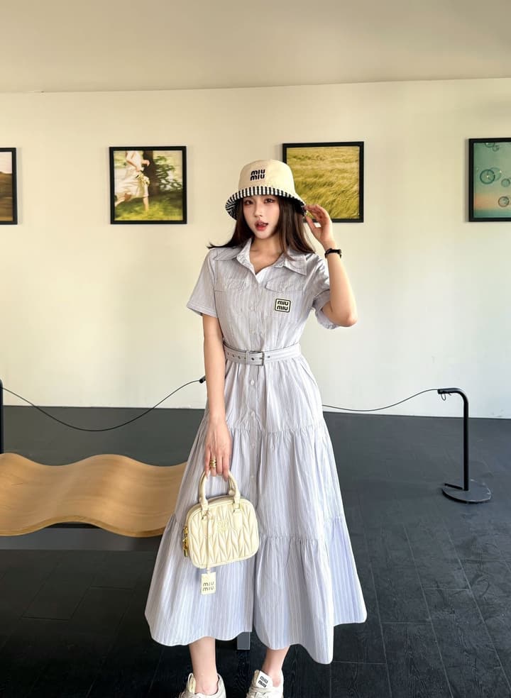 Miu Miu Striped Short-Sleeve Tiered Dress – Spring/Summer Collection in Light Blue