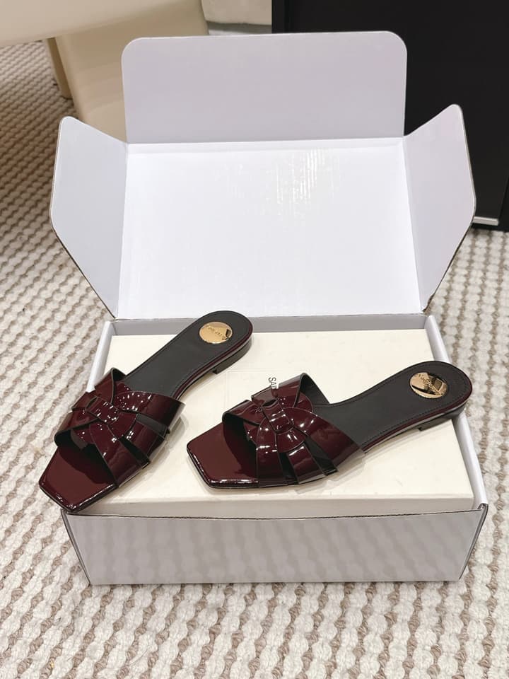 Saint Laurent Melody Square Toe Flat Sandals – 2026SS in Burgundy Patent
