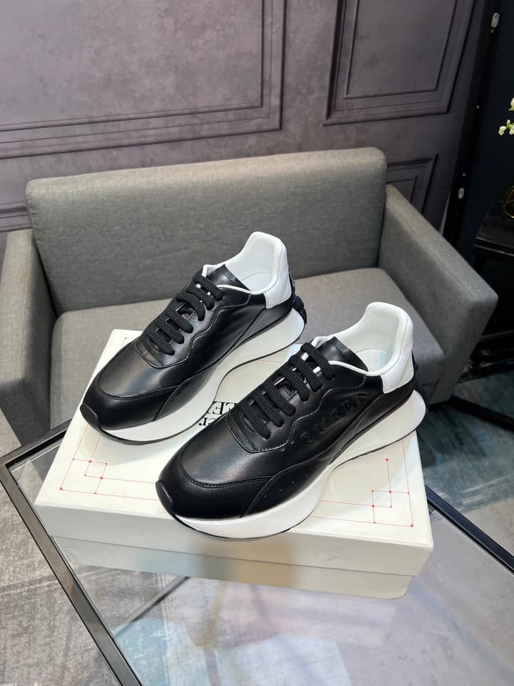 Alexander McQueen White Silk Leather Platform Sneakers in Black