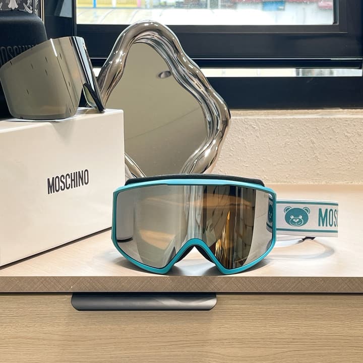Moschino Bear Magnetic Dual-Lens Ski Goggles in Black Frame With Pink Mirrored Lens