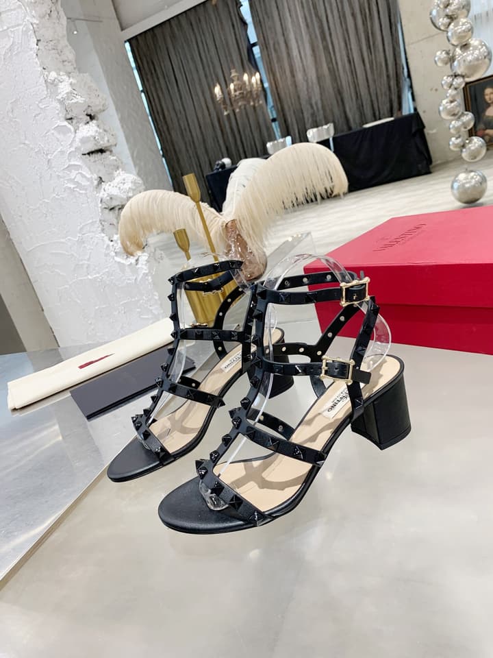 Valentino Studded Classic Block Heel Sandals in Black With Black Studs 6.5cm Heel