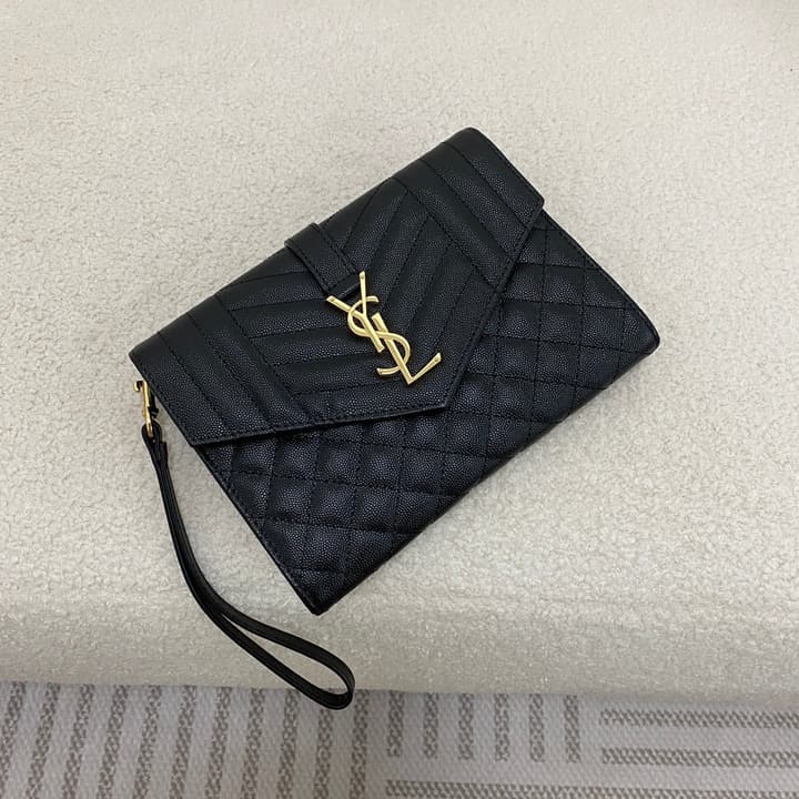 Saint Laurent Monogram Envelope Clutch Bag in Classic Black Quilted Leather