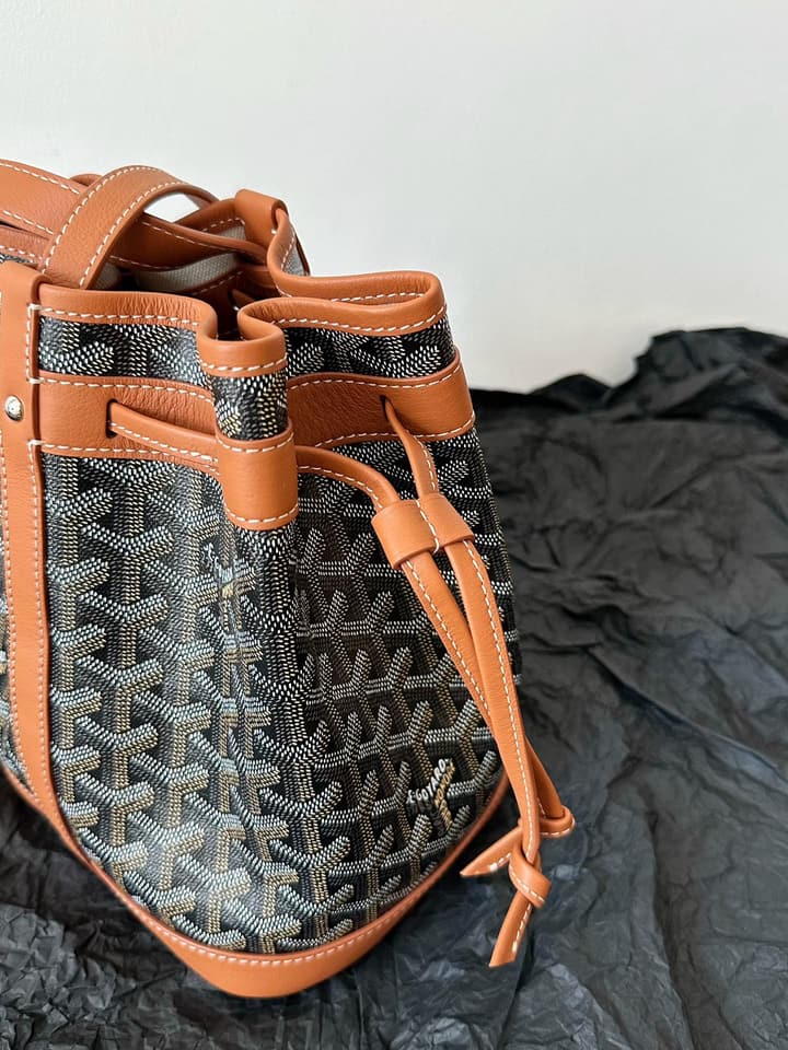 Goyard Petit Flot Bucket Bag in Black/grey Goyardine With Tan Trim