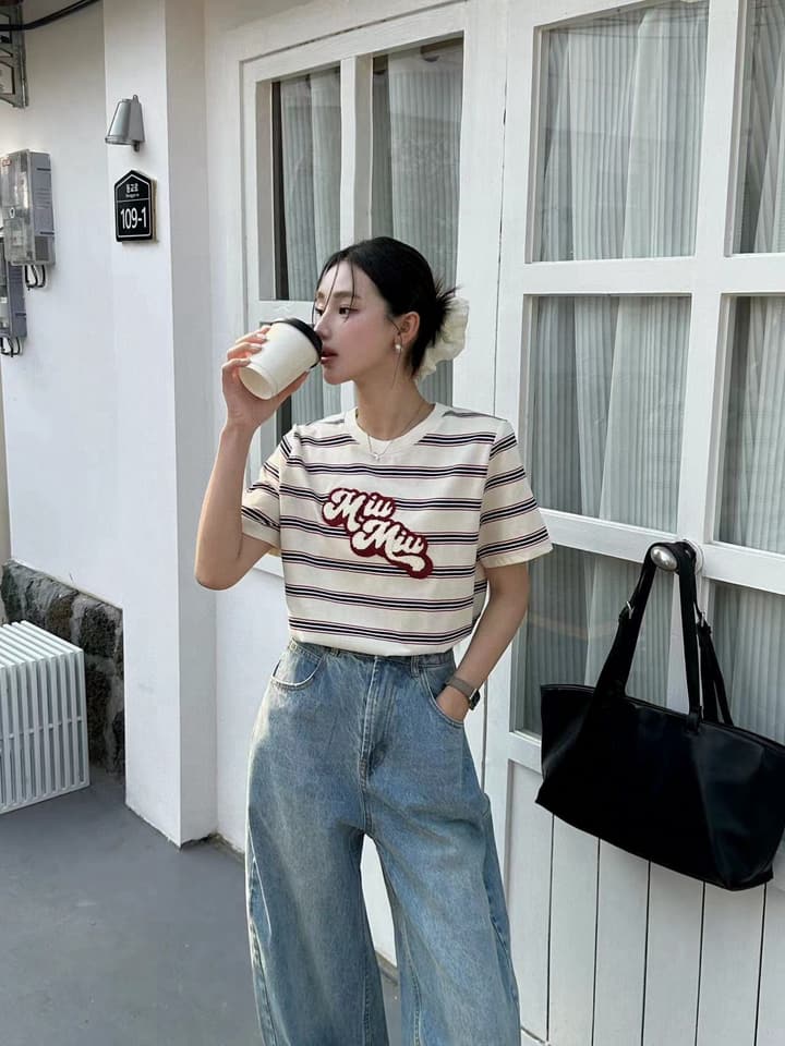 Miu Miu Embroidered Striped T-Shirt in Cream Striped