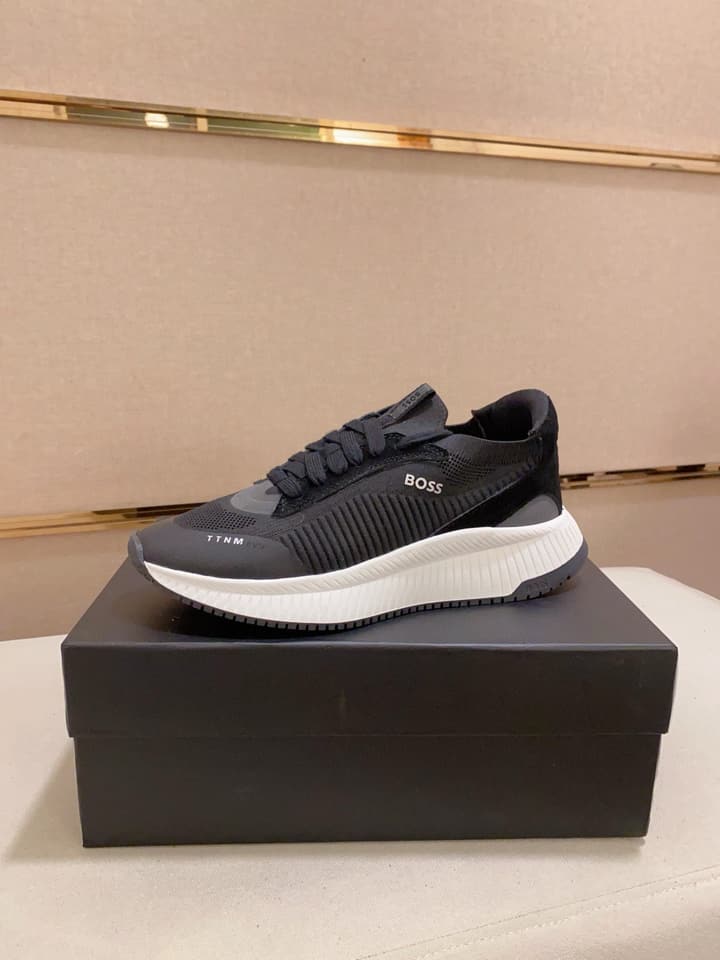 Boss Latest Casual Fly-Knit Sneakers in Black With Gold Accents