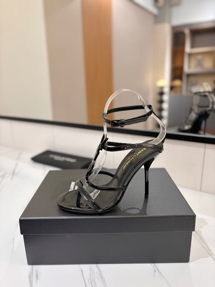 Saint Laurent YSL Logo Mirror Leather Heeled Sandals in Black With Black Logo